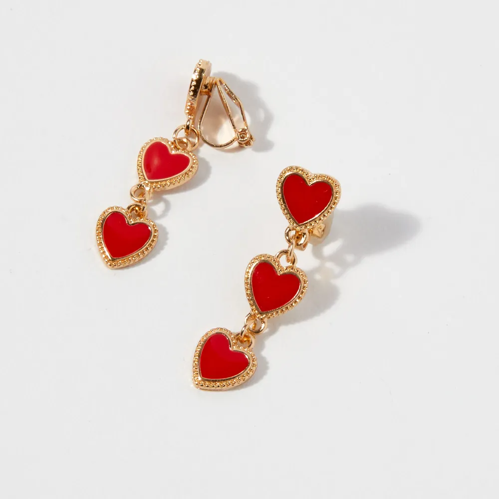 Gold 1.5" Ornate Heart Linear Drop Clip-On Earrings