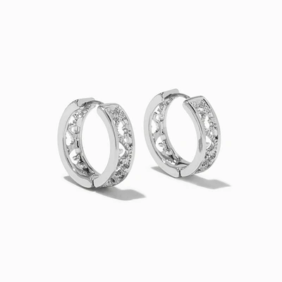 Silver 20MM Filigree Crystal Huggie Hoop Earrings