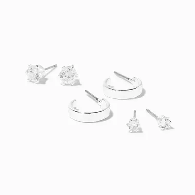 Silver Cubic Zirconia Studs & White Enamel Hoop Earrings - 3 Pack
