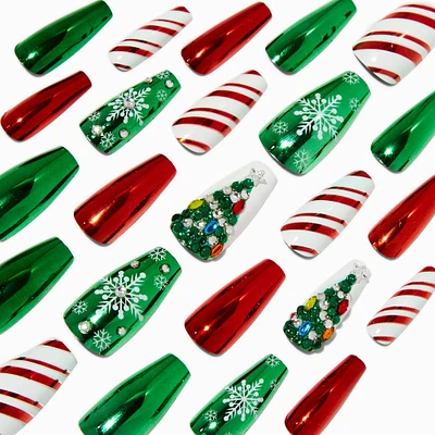 Traditional Christmas Squareletto Press On Faux Nail Set - 24 Pack