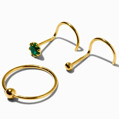 Gold Sterling Silver 22G Ball & Emerald Crystal Nose Stud & Hoop - 3 Pack