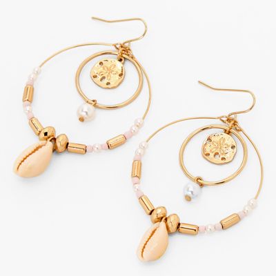 Gold Seashell Double Circle 2" Drop Earrings