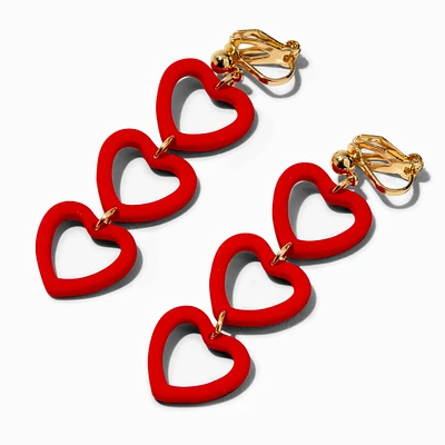 Red Triple Heart 2" Linear Clip-on Drop Earrings