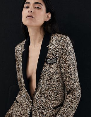 Veste tailleur en crêpe envers satin imprimé lynx femme IKKS | Mode Automne Hiver Veste, cuir, blazer