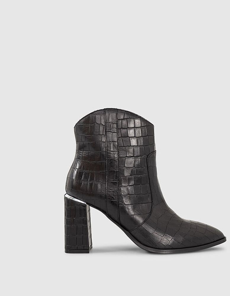 Bottines en cuir noir façon reptile à talon carré femme IKKS | Mode Automne Hiver Chaussures