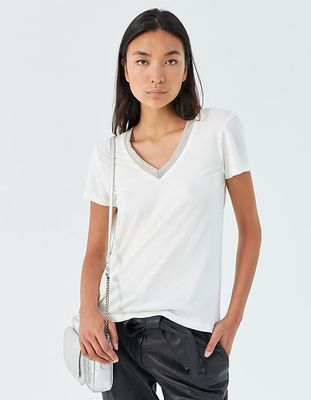 Tee-shirt manches courtes coton modal encolure bijoux femme IKKS | Mode Automne Hiver Top, T-shirt