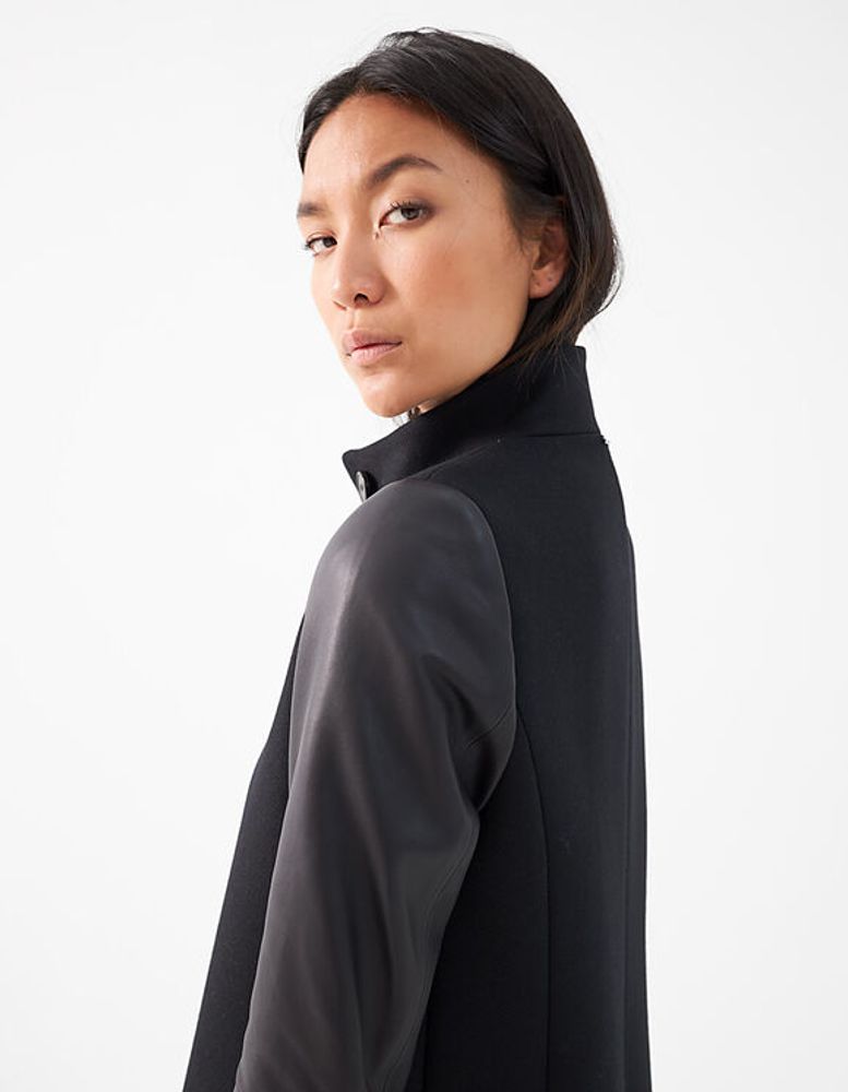 Manteau mi-long noir manches en cuir d'agneau femme IKKS | Mode Automne Hiver Manteau, parka