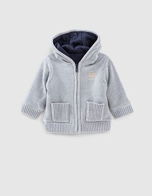 Veste réversible à capuche gris et blanc tricot bébé fille IKKS | Mode Automne Hiver Manteau, parka