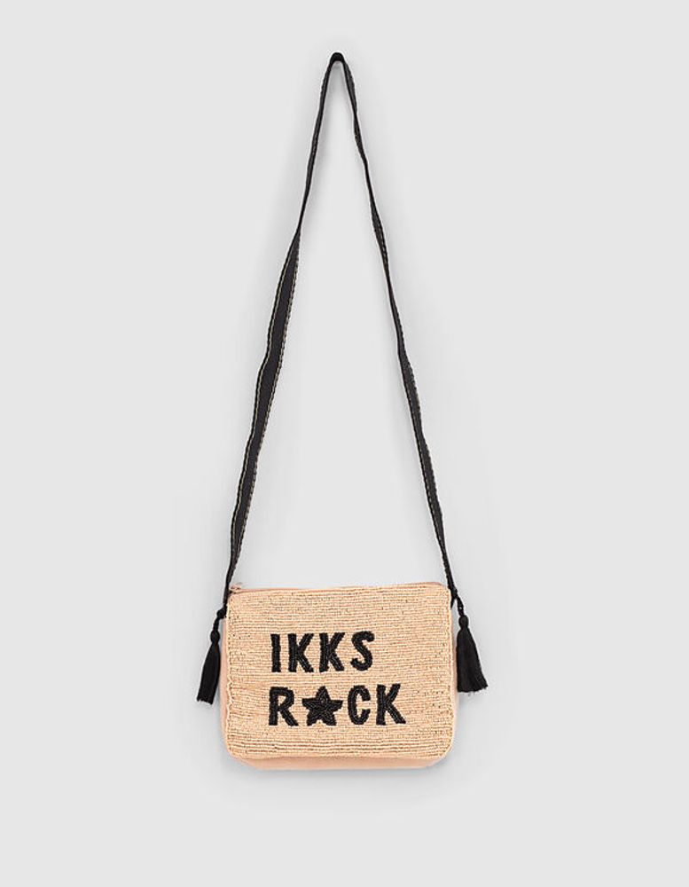 Sac bandoulière rose poudré à perles et message fille IKKS | Mode Automne Hiver Accessoires