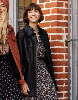 Surchemise noire cuir synthétique pressionnée I.Code IKKS | Mode Automne Hiver Manteau, teddy, veste