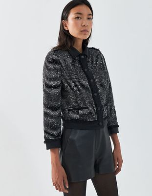 Veste noire en tweed et denim femme IKKS | Mode Automne Hiver Veste, cuir, blazer