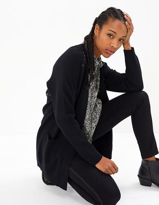 Manteau noir en tricot avec décor clous I.Code IKKS | Mode Printemps Eté Manteau, teddy, veste