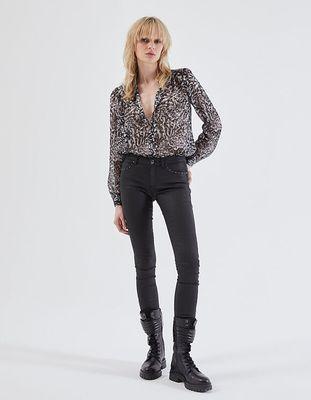 Jean slim enduit noir détails bijoux, coupe sculpt up femme IKKS | Mode Automne Hiver Pantalon, combinaison, jeans