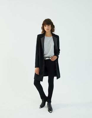 Manteau long noir drap de laine col cuir bijoux femme IKKS | Mode Automne Hiver Manteau, parka