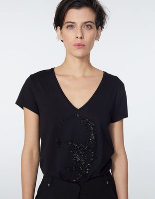 Tee-shirt noir coton modal tête de mort perles bijoux femme IKKS | Mode Automne Hiver Top, T-shirt