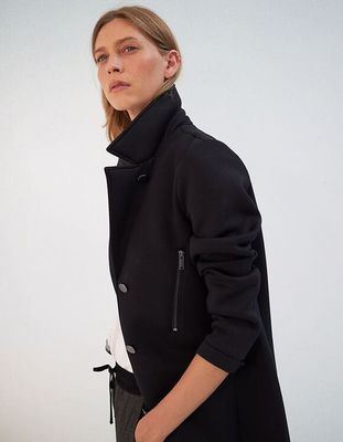 Manteau mi-long noir en néoprène femme IKKS | Mode Automne Hiver Manteau, parka