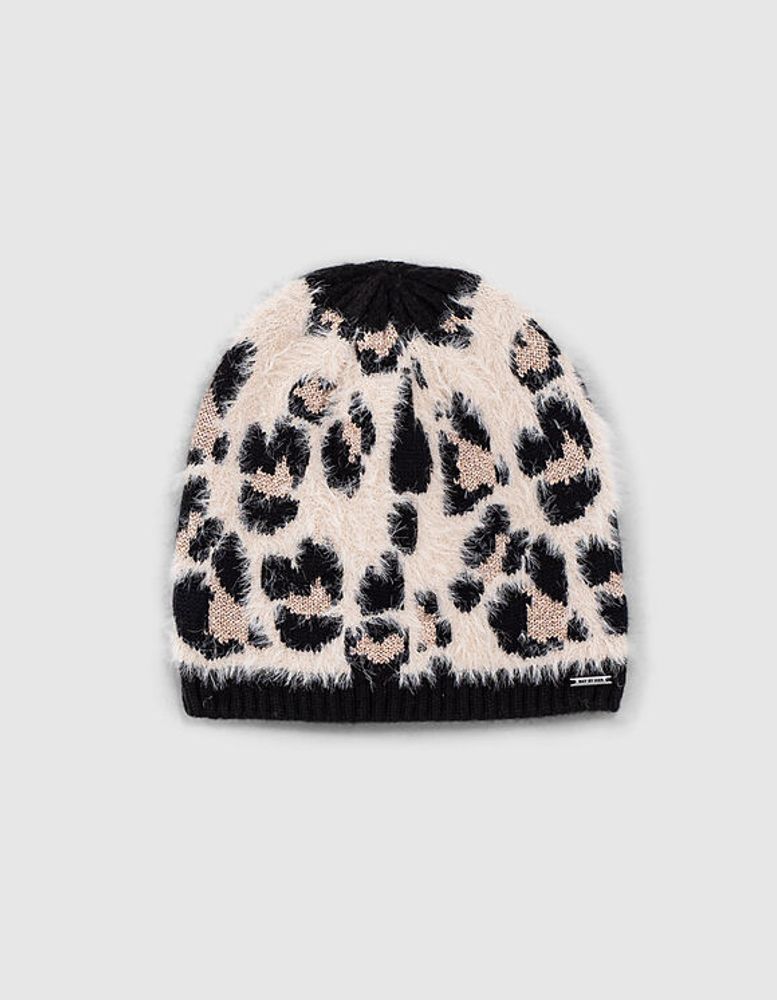 Bonnet noir tricot motif léopard fille IKKS | Mode Automne Hiver Accessoires