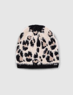 Bonnet noir tricot motif léopard fille IKKS | Mode Automne Hiver Accessoires