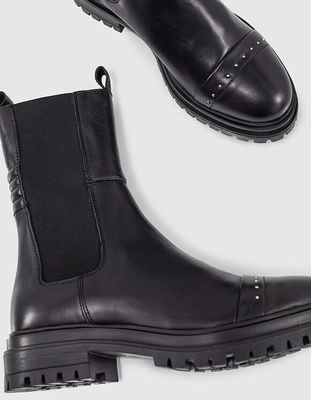 Boots hautes chelsea en cuir noir détails clous femme IKKS | Mode Automne Hiver Chaussures
