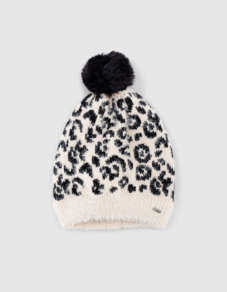 Bonnet sable chiné tricot motif léopard fille IKKS | Mode Automne Hiver Accessoires