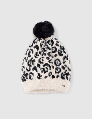 Bonnet sable chiné tricot motif léopard fille IKKS | Mode Automne Hiver Accessoires