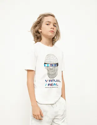 T-shirt blanc bio tête de mort effet 3D garçon