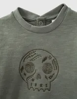 Sweat kaki clair brodé skull en molleton bio bébé