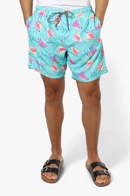 Boardsports Flamingo Pattern Tie Waist Shorts - Turquoise