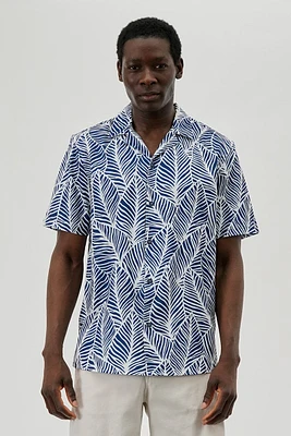 International INC Company Leaf Print Camp Collar Button Up Casual Shirt - Blue