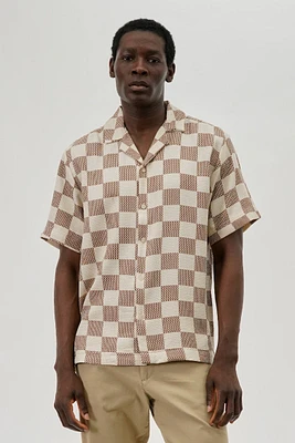Malibu By Drill Checkerboard Pattern Button Up Casual Shirt - Cream