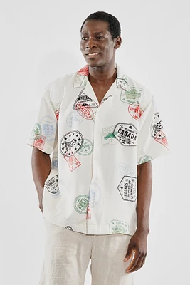 Malibu By Drill Travel Stamp Pattern Button Up Casual Shirt - Cream