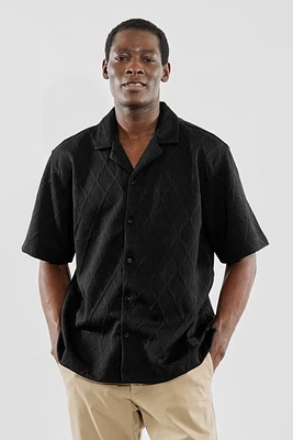 Saints Studio Solid Diamond Pattern Textured Camp Collar Casual Shirt