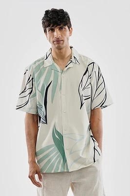International INC Company Leaf Print Button Up Casual Shirt - Beige