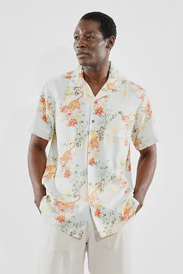 Super Triple Goose Vintage Floral Tiger Pattern Button Up Casual Shirt - Mint