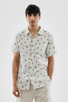 Canada Weather Gear Vintage Striped Palm Tree Pattern Button Up Casual Shirt