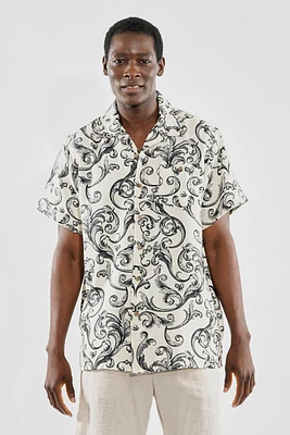 Super Triple Goose Vintage Baroque Pattern Button Up Casual Shirt - Beige
