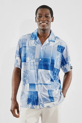 Canada Weather Gear Travel Collection Tropical Print Button Up Casual Shirt - Blue