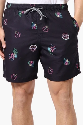 Boardsports Tropical Neon Pattern Tie Waist Shorts - Black