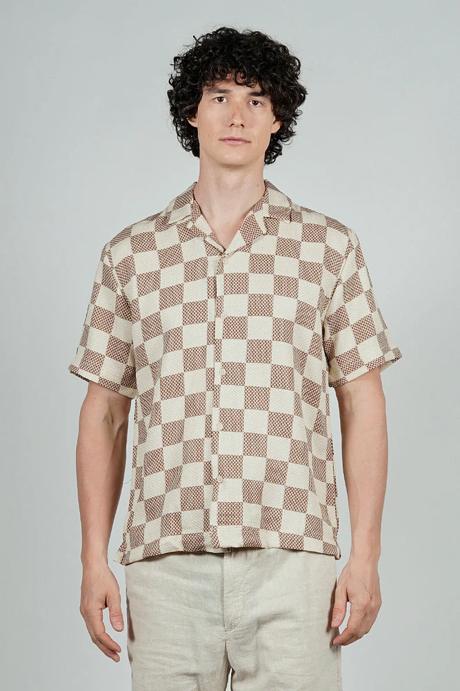 Malibu By Drill Checkerboard Pattern Button Up Casual Shirt - Cream