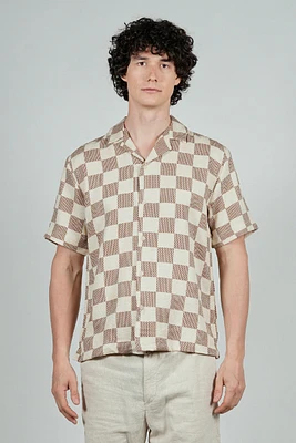 Malibu By Drill Checkerboard Pattern Button Up Casual Shirt - Cream