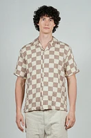 Malibu By Drill Checkerboard Pattern Button Up Casual Shirt - Cream