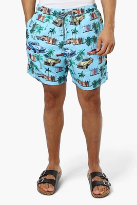 Boardsports Car Pattern Tie Waist Shorts - Blue