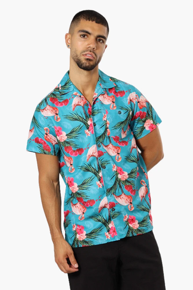 Boardsports Tropical Flamingo Pattern Button Up Casual Shirt - Blue