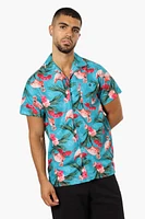 Boardsports Tropical Flamingo Pattern Button Up Casual Shirt - Blue