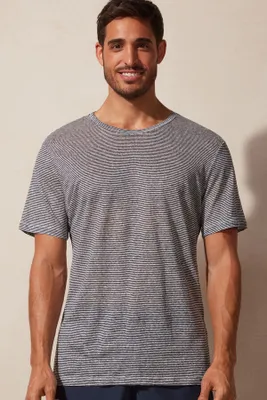 T-shirt z Lnu w Drobne Prążki