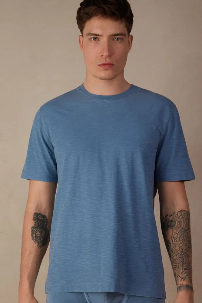 T-shirt Teint en Pièce Jersey de Coton Flammé