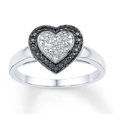 Black/White Diamond Heart Ring Sterling Silver