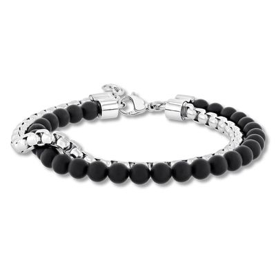 Men's Black Onyx Bead & Box Chain Bracelet Stainless Steel 8.5"