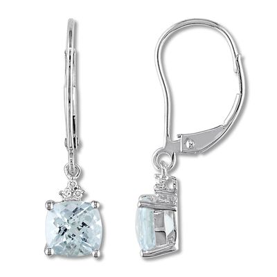 Aquamarine Drop Earrings Diamond Accents 10K White Gold