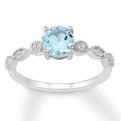 Aquamarine Engagement Ring 1/10 ct tw Diamonds 14K White Gold